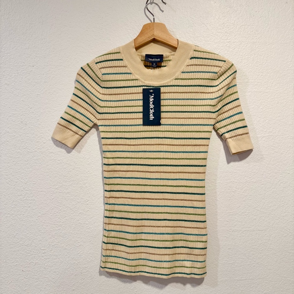 Modcloth Cream and Green Striped Short-Sleeve Turtleneck Sweater